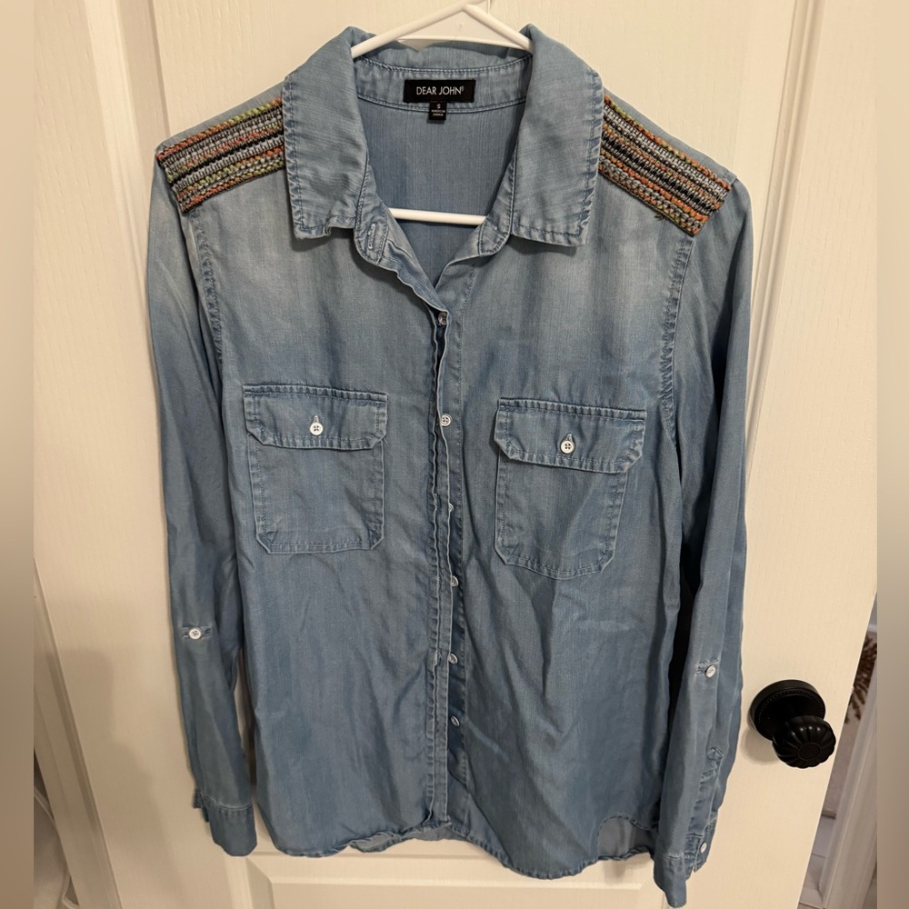 Dear John Blue Shirt with Colorful Shoulder Accents